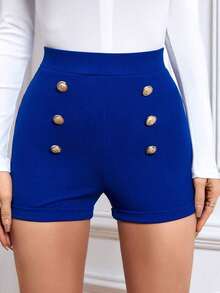 Shorts de talle alto con botón falso - azul real - Ver 4