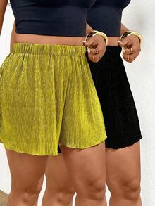 Shorts plisados de talla grande de verano con estampado de leopardo y unicolor - Multicolor - Ver 1