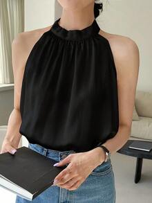 Blusa de cuello halter de unicolor casual de negocios para mujer, top sexy para salir - Negro - Ver 3