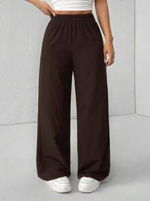 Pantalones de pierna de campana con cintura alta, elásticos y acanalados para mujeres - Marrón - Ver 4