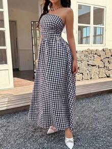 YHHVestido largo de mujer con escote halter a cuadros EARO, ropa de resort casual y estilizadora para el veranoYHH - Azul - Ver 2