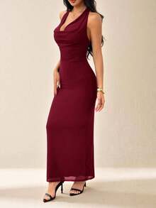 Vestido elegante de mujer de unicolor con cuello drapeado de malla, vestido largo, estilo vacacional, adecuado para vacaciones de otoño/invierno - Burdeos - Ver 4