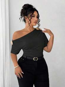 Blusa de talla grande para mujer elegante, personalizada, de moda, versátil, con un solo hombro, adecuada para uso diario - Negro - Ver 8