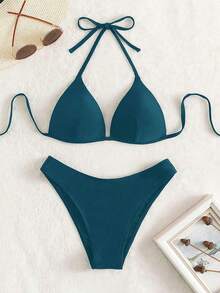 Conjunto de bikini liso, sujetador push up y parte inferior de bikini, traje de baño de 2 piezas - Agua verde azul - Ver 5