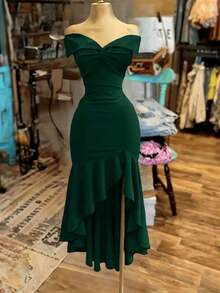 Vestido ajustado con hombros descubiertos y efecto retorcido, sexy y elegante para mujer - Verde - Ver 5