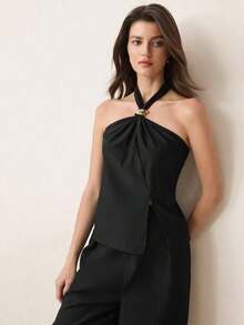 Top con cuello de halter, diseño de botón de metal verde, abertura lateral, elegante y chic para uso urbano y diario, estilo romántico retro de los 90.Adecuado para Navidad, Año Nuevo, San Valentín, fiestas, playa, graduación, moda, carnaval, bod - Negro - Ver 4