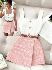 Falda pantalón elegante de unicolor con textura jacquard, para el Día de San Valentín - Rosa - Ver 8