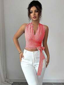 Chaleco de verano casual y elegante tejido para damas - Rojo - Ver 4