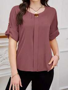 Clasi Blusa casual sencilla para uso diario con cuello redondo, manga corta y botones delanteros para mujer - Rosa vieja - Ver 4