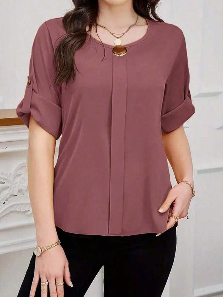 Clasi Blusa casual sencilla para uso diario con cuello redondo, manga corta y botones delanteros para mujer - Rosa vieja - Añade 4