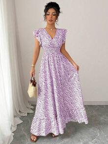 Nuevo vestido casual de vacaciones para mujer con manga corta con volantes, cintura ceñida y estampado floral menudo - Aspecto estilizador y alargador - Morado - Ver 5