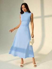 Vestido maxi de línea A con cuello mao, sin mangas, fruncido, color blanco, nuevo para el Día de San Valentín.Elegante y romántico atuendo para citas y trabajo, vestidos de verano para mujer - Celeste - Ver 3
