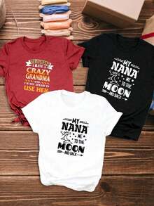 Set Of 3, Unit 1 Fashion Item: Women's Casual Short Sleeve T-Shirt With "My Grandma Loves Me To The Moon And Back" Print, Women's Round Neck Short Sleeve T-Shirt, Pure Cotton Breathable Casual Sports Top, Holiday Gift, Spring Butterfly Design T-Shirt For Easter. - 黑色 - 查看 6