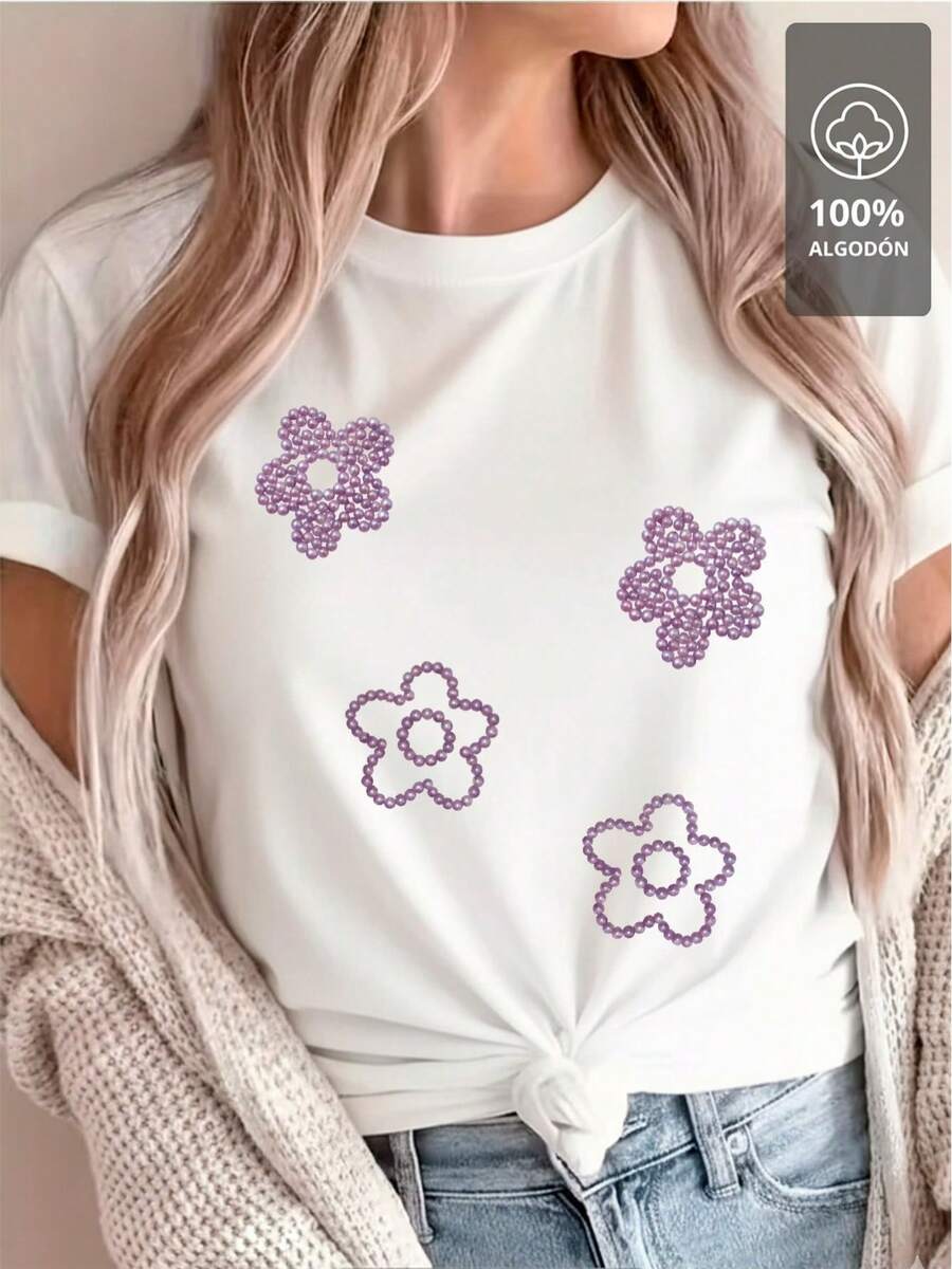 Purple Beaded Flower - 100% Shirt - [White] - View 1