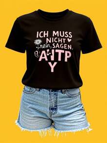 Camiseta de estilo urbano estilo alemán con eslogan de identidad de abuela, top casual de manga corta y cuello redondo para verano y primavera, ropa de mujer - Negro - Ver 2