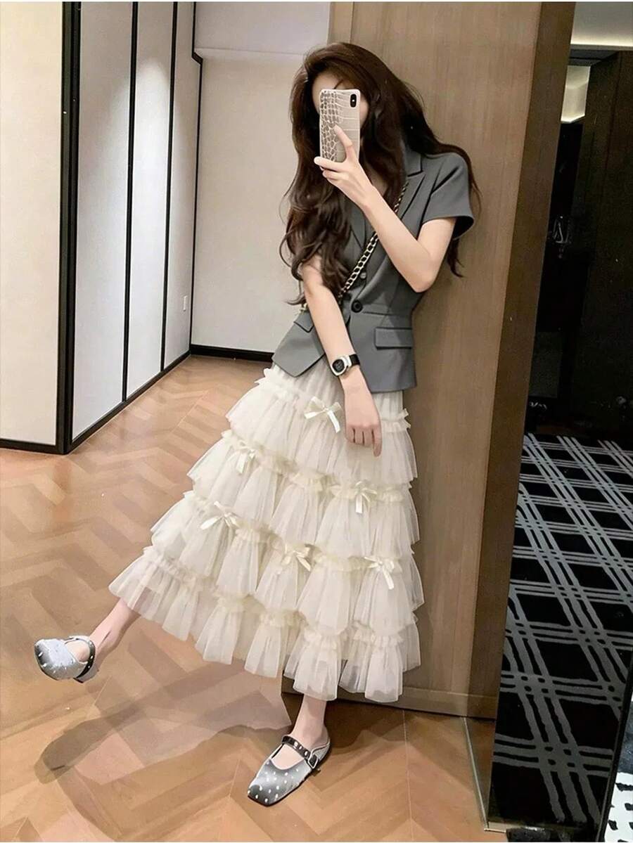 甜美少女风蝴蝶结网纱A字层叠蛋糕裙,2026春夏新款 - 杏色 - 查看 1