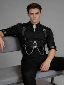 1pc Black Leather Men's Suspender With Chain Decor, Suitable For Dress Shirts And Suits, Suitable For Holiday Outfits And Live Streaming Performances - Black Suspenders + Armbands - View 4