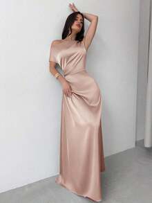 Vestido elegante asimétrico de hombro con pliegues y bajo de cola de sirena en color verde, adecuado para citas, vacaciones, bodas, eventos, regreso a la escuela, graduación, vestido de dama de honor formal, vestidos elegantes para mujer - Rosa - Ver 7