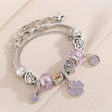 1 pieza Pulsera con cuentas de cristal morado con colgante de trébol de cuatro hojas y corazón, brazalete de lujo DIY, joyería elegante y versátil para mujeres - Pulsera de corazón de trébol de cuatro hojas - Ver 2