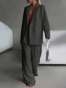 Traje gris para mujer, elegante, adecuado para el trabajo de oficina, de alta calidad, entrevista, negocios, nueva llegada, corte holgado, versátil y cómodo, traje casual, pantalones, unicolor, adecuado para la oficina, el hogar, la vida diaria, cena formal, aeropuerto y otras ocasiones, adecuado para todas las estaciones: primavera, verano, otoño, invierno.Negro - Gris - Ver 3