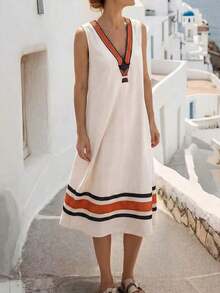 Holidaya Vestido midi holgado de línea A con estampado de bloques de color y rayas, cuello en V, sin mangas, para uso casual de vacaciones, primavera/verano - Multicolor - Ver 7