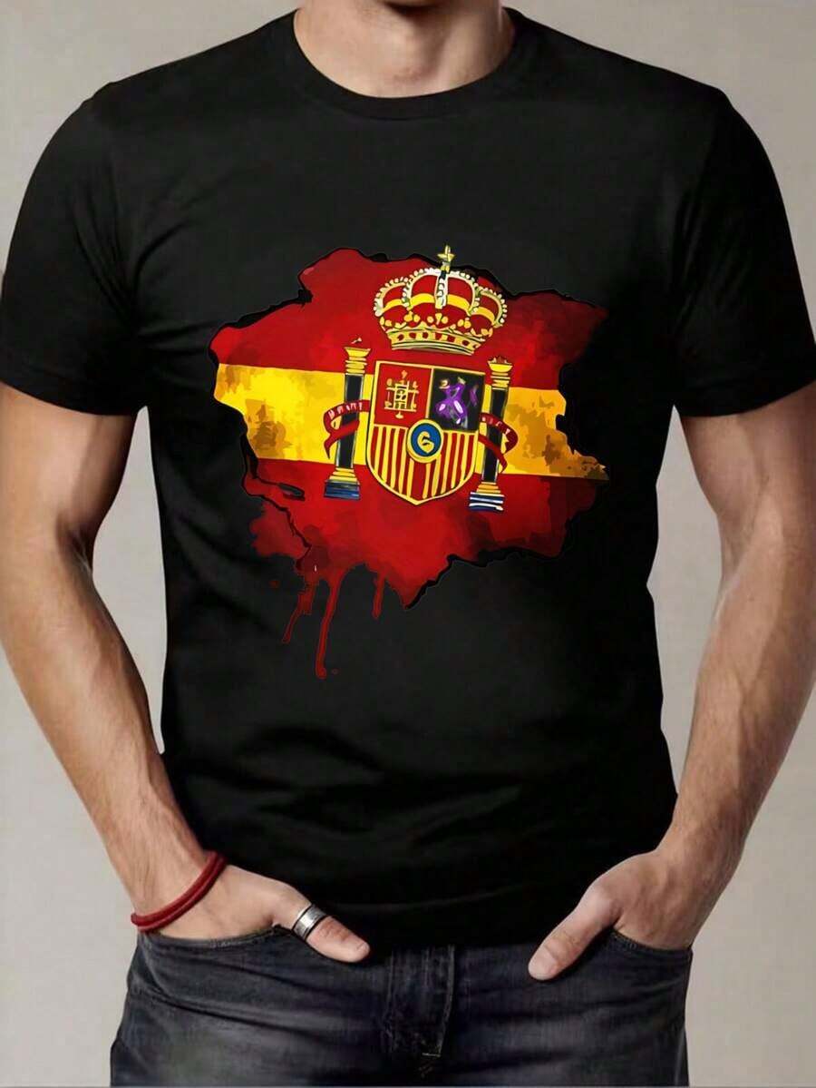 Men's Black T-Shirt With Spanish Flag And Coat Of Arms Print, National Map, For Patriotic Events And Travel. Ideal As A Gift. Women's T-Shirt. Elegant. Bohemian Style. Soft, Breathable, And Comfortable Garment, Perfect For Spring, Summer, And Autumn; Ideal For Vacations, Travel, And Everyday Wear. Perfect For Watching A Game. - 黑色 - 查看 1
