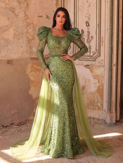 Faeriesty Gorgeous Square Collar Tulle Overlay Mermaid Hem Beaded Formal Dresses & Evening Gowns