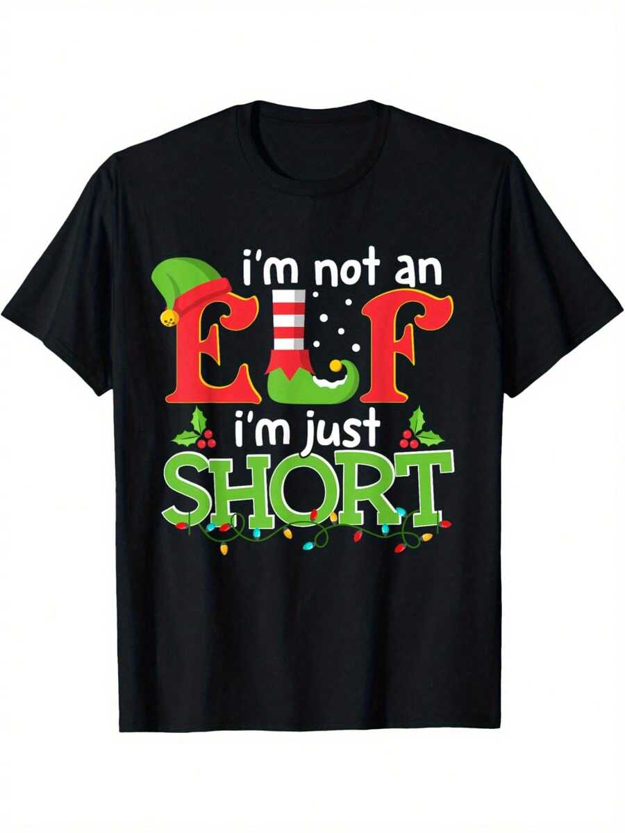 [Fast Delivery] I'm Not An Elf, I'm Just A Short Guy, Merry Christmas, Elf Christmas, Funny T-Shirt, Unisex, Christmas Gift, Halloween, Thanksgiving, New Year, For Boyfriend, Girlfriend, Parents, Friends, Black Soft Fabric Unisex T-Shirt, 100% Cotton. - 黑色 - 查看 1