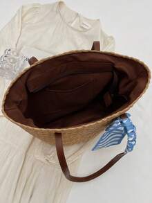1pc High-Quality Woven Texture Straw Bucket Tote Bag, Suitable For Daily Use, Dates, Shopping, Fashionable Vacation Style - Khaki - View 11