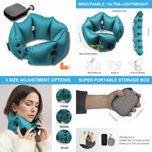 Almohada inflable de bolsillo ultral portátil para avión y tren, almohadas de cuello volador de 360° ajustables, juego de almohadas de cuello de viaje con tapones para los oídos promedio - Azul - Ver 1