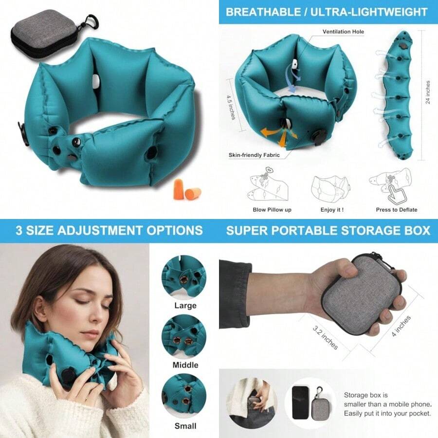 Almohada inflable de bolsillo ultral portátil para avión y tren, almohadas de cuello volador de 360° ajustables, juego de almohadas de cuello de viaje con tapones para los oídos promedio - Azul - Ver 1