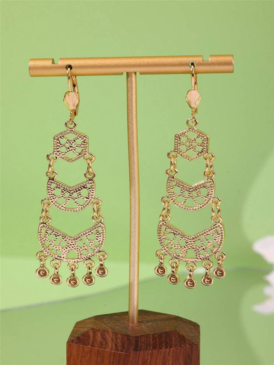 1 Paar Vintage Mode Damen Ohrringe, goldplattiert Cut Out geschnitzt geometrische Form mit Metall Quaste, Schmuck Ohrringe für Frauen zum Tragen bei Hochzeiten und Festen - Verschiedenfarbig - Übersicht 1