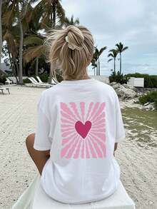 Limited Edition Graphic Print T-Shirt, Dropped Shoulders, Short Sleeves, Round Neck, Casual Style For Spring And Summer, Women's Clothing, Lightweight Cotton. - 白色 - 查看 2