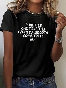 Camiseta casual de manga corta y cuello redondo con un divertido diseño italiano, perfecta para primavera y verano, ropa de mujer - Negro - Ver 1