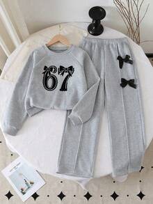 Young Girl Cartoon Print Crew Neck Sweatshirt And Bow Decoration Long Pants - Grey - View 1