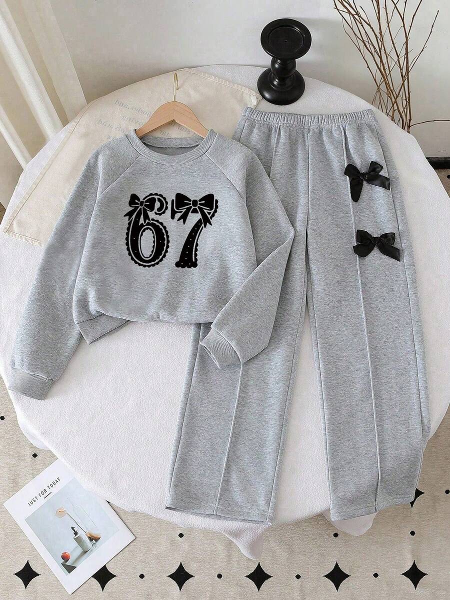 Young Girl Cartoon Print Crew Neck Sweatshirt And Bow Decoration Long Pants - Grey - View 1