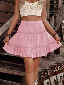 Jsnjjf Falda Casual de Color Sólido con Cintura Elástica y Volantes para Mujer - Rosa Pálido - Ver 5