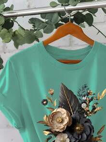 Women's Custom Printed Short Sleeve T-Shirt - Green And Gold Design, Round Neck, Casual Style, Breathable For Spring And Summer, Machine Washable, Regular Fit, Soft Texture - Unisex Loose Fit Cotton Short Sleeve Round Neck T-Shirt, Urban Vintage Style. - 綠色 - 查看 4