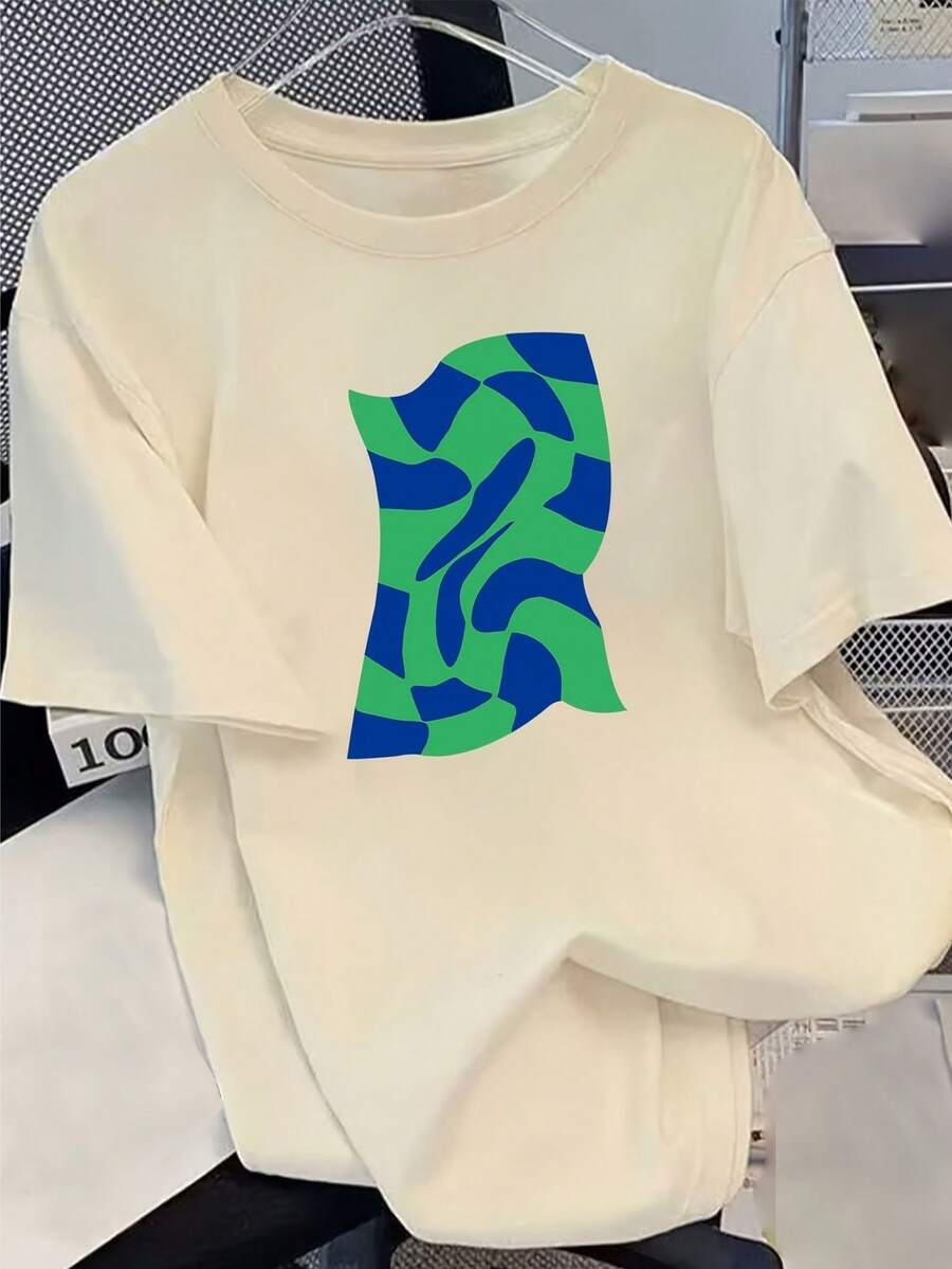 Women's Personalized Spring/Summer T-Shirt, 100% Cotton, Versatile And Comfortable, Fashionable, Short Sleeve, Round Neck, Urban Vintage Style, Unisex, Loose Fit, Cotton, Round Neck And Short Sleeve. - 杏色 - 查看 1