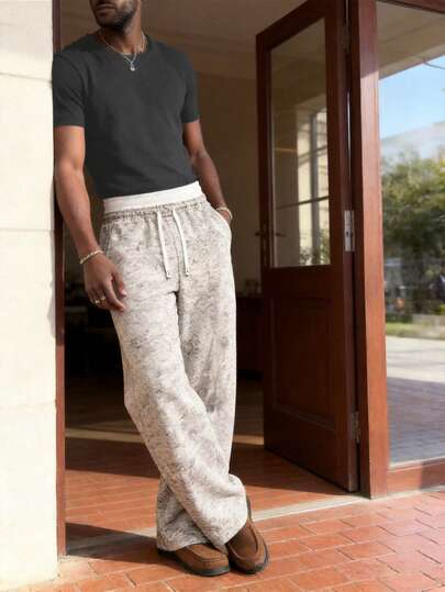 Vintage Distressed Dual-Layer Drawstring Loose Straight Leg Casual Pants, Men