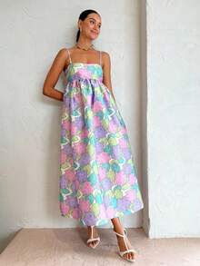 Vestido tirantes estampado amplio espalda descubierta estilo casual europeo elegante moda femenina verano - Azul lavado medio - Ver 12