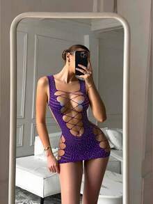 女士性感网纱蕾丝吊带睡裙，连体睡衣 - 紫色 - 查看 2