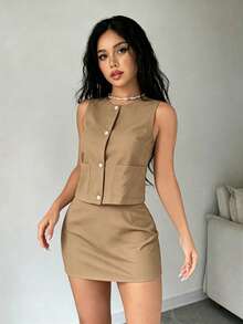 Conjunto de 2 Piezas Chaleco Sin Mangas y Falda Mini, Color Unicolor, Botones Delanteros, Estilo Casual Elegante para Mujer, Primavera/Verano - Caqui - Ver 3