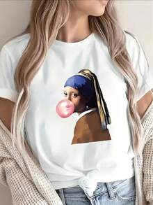 Camiseta de manga corta de poliéster, estampada con un diseño de chicles, ligera y duradera, adecuada para uso casual en casa o en restaurantes, cómoda y ajustada para el uso diario. - Blanco - Ver 1