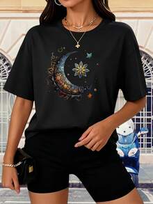 Camiseta de mujer estilo bohemio con estampado de luna y estrellas, 100% transpirable, cuello redondo blanco, casual, fácil de lavar a máquina, ajuste cómodo, regalo de verano para la familia. - Negro - Ver 1