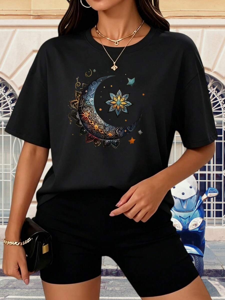 Camiseta de mujer estilo bohemio con estampado de luna y estrellas, 100% transpirable, cuello redondo blanco, casual, fácil de lavar a máquina, ajuste cómodo, regalo de verano para la familia. - Negro - Ver 1