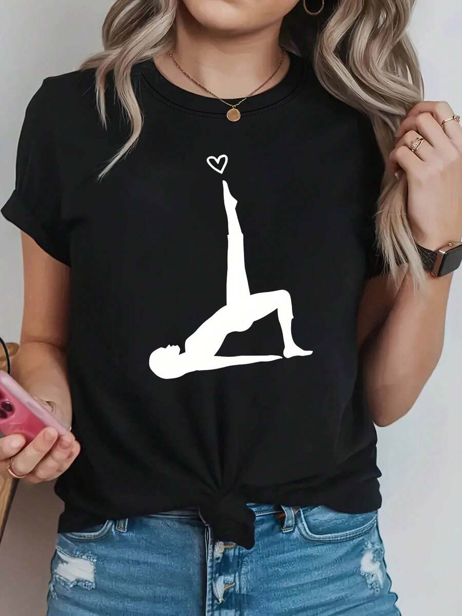 Tallas Grandes - Tallas Grandes - Una Pasión por un Estilo de Vida Relajado.Una camiseta elegante y casual de cuello redondo para mujer con estampado de corazones, perfecta para primavera y verano.Conjuntos Creativos para Salidas Diarias - Negro - Ver 1