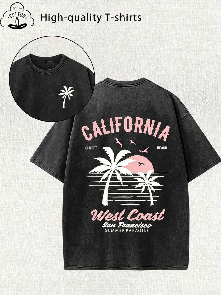 Camiseta de estampado retro con lavado vintage para mujeres - algodón de 230 g, cuello redondo con estilo urbano retro, se puede lavar a máquina, ideal para el otoño y el verano, y con un diseño holgado y personalizado para mujeres.
