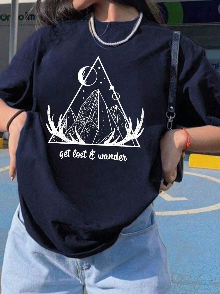 Women's T-Shirt With Mountain Peak Antler Print, Loose Fit, Casual Crew Neck, Short Sleeve Home Top - 寶藍色 - 查看 1
