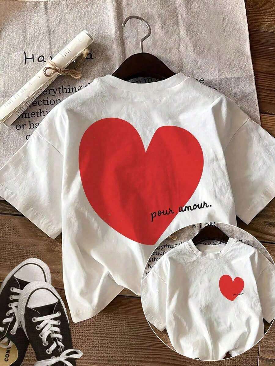 Women's Spring/Summer Short-Sleeve Top Set With Double-Sided Print, Casual T-Shirts, Hand-Painted Red Heart Print With The Text "Pour Amour", Round Neck Short-Sleeve T-Shirts, Pure Cotton. 100% Cotton - 白色的 - 查看 1